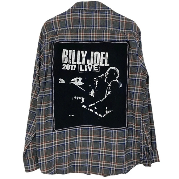 Billy Joel Flannel Shirt Mens Large Unisex Handmade Upcycled Band Flannel Gray - Picture 1 of 11